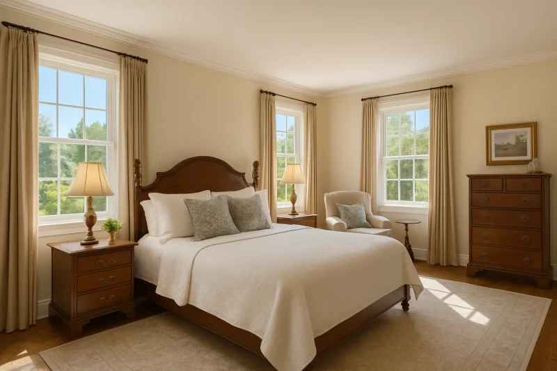A beautiful spacious primary bedroom interior with cozy traditional decor