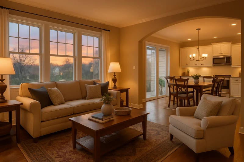 A beautiful bright open-concept living room interior with cozy traditional decor