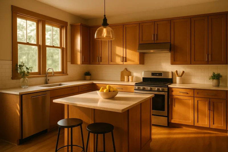 A beautiful kitchen with warm wood cabinetry interior with clean modern styling