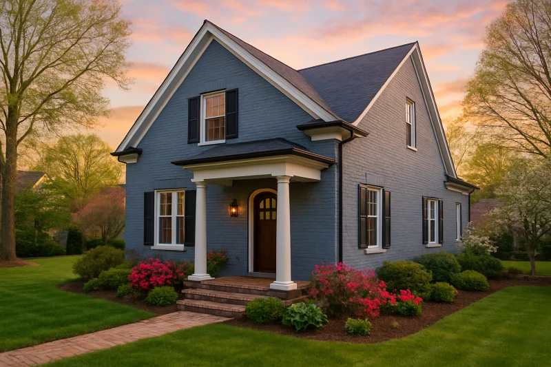 A beautiful, well-maintained newly-built home with a muted blue-grey brick exterior, Philadelphia,, PA style suburban home, well-kept lawn, mature ...