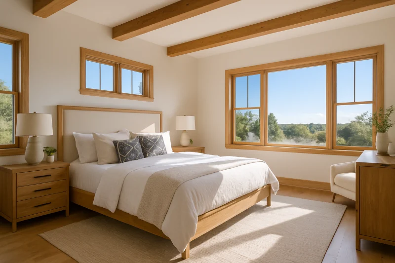 A beautiful spacious primary bedroom interior with natural wood accents