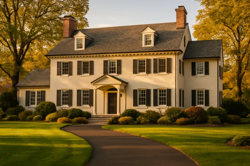 A beautiful, well-maintained colonial-style home with a white warm neutral-toned exterior, Philadelphia,, PA style suburban home, well-kept lawn, m...