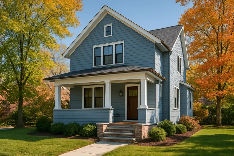 A beautiful, well-maintained contemporary home with clean lines with a muted blue-grey light-colored exterior, Philadelphia,, PA style suburban hom...