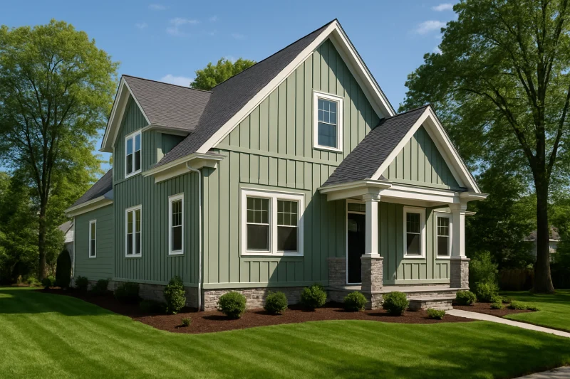 A beautiful, well-maintained newly-built home with a sage green board-and-batten siding exterior, Philadelphia,, PA style suburban home, well-kept ...