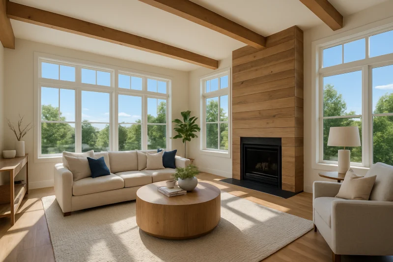A beautiful airy living space with large windows interior with natural wood accents